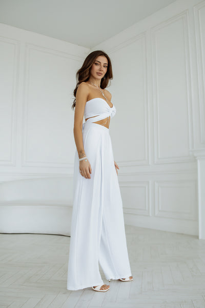 White BOW TOP & WIDE-LEG PANTS 2-PIECE SET (ARTICLE C371)