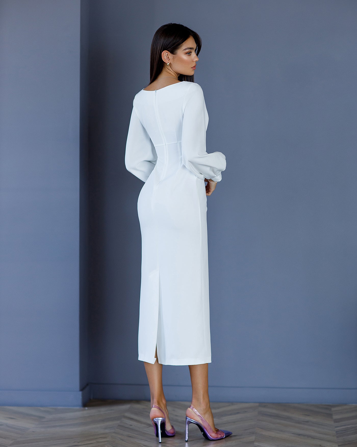 White V-NECK PUFF-SLEEVE MIDI DRESS (ARTICLE 377)