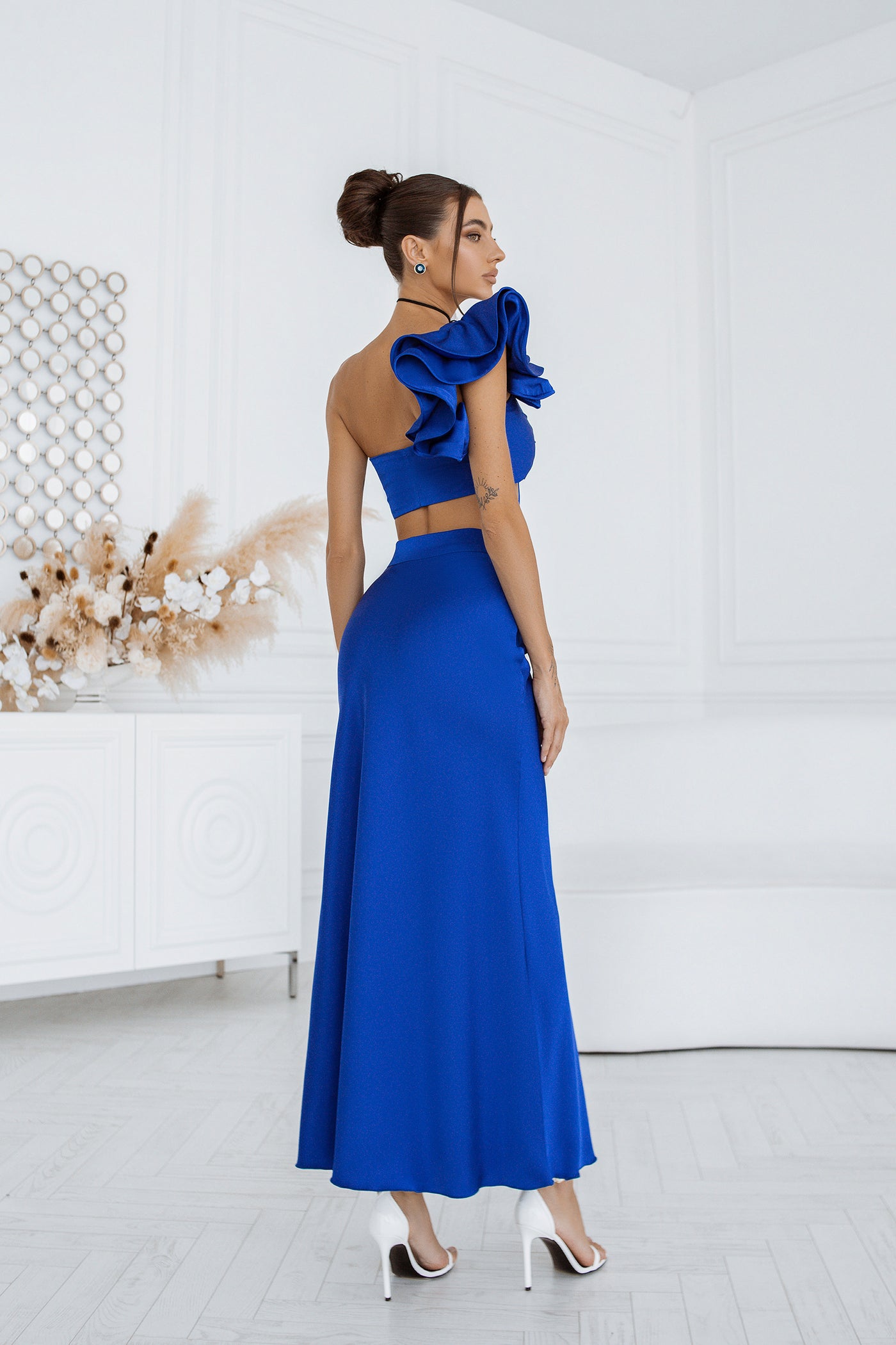 Blue SATIN BOW TOP & MIDI SKIRT 2-PIECE SET (ARTICLE C381/1)