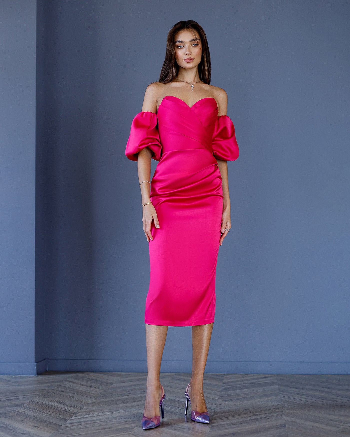 Crimson SWEETHEART PUFF-SLEEVE MIDI DRESS (ARTICLE 330)