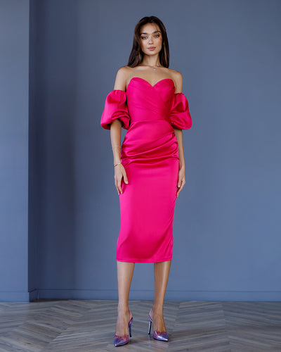 Crimson SWEETHEART PUFF-SLEEVE MIDI DRESS (ARTICLE 330)