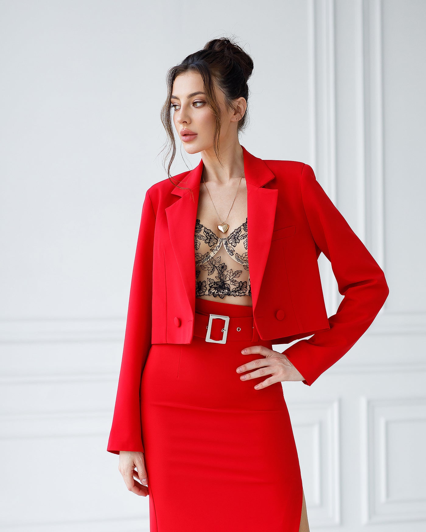 Red CROP JACKET SKIRT SUIT 2-PIECE SUIT (ARTICLE 413)