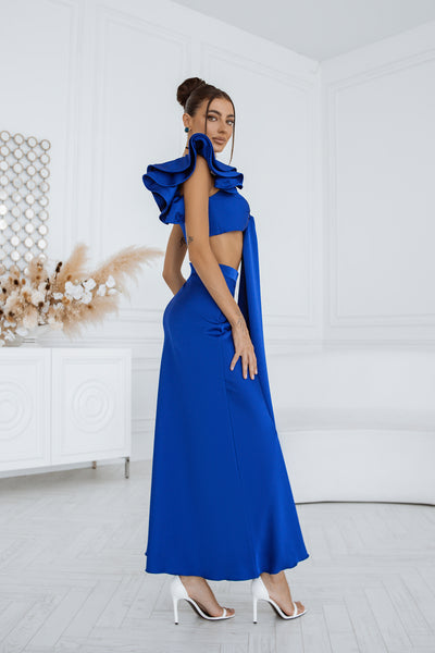 Blue SATIN BOW TOP & MIDI SKIRT 2-PIECE SET (ARTICLE C381/1)