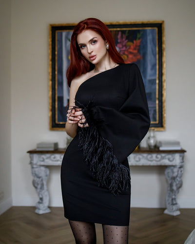 Black One-Shoulder Feather Sleeve Mini Dress (article 347)