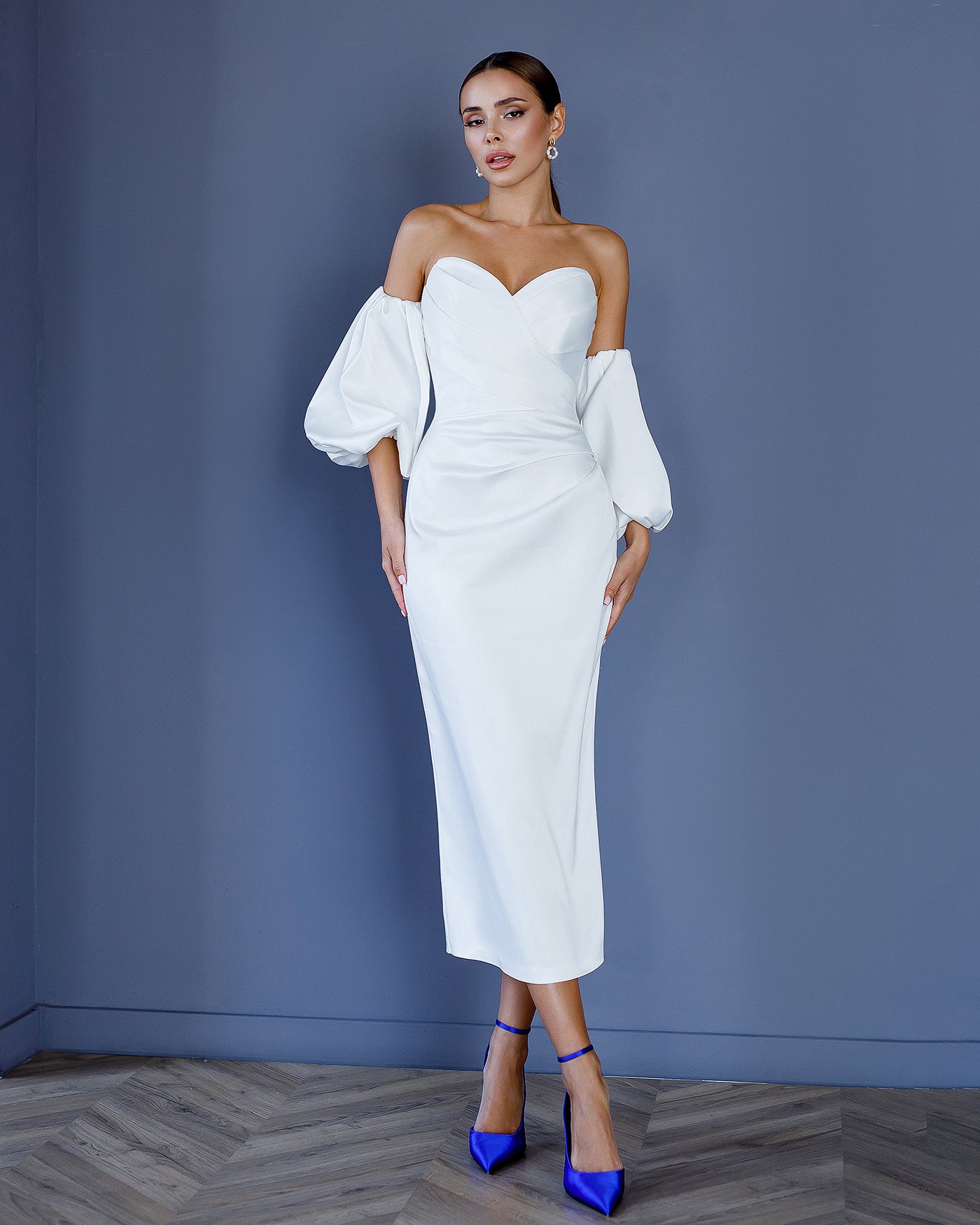 White SATIN SWEETHEART PUFF-SLEEVE MIDI DRESS (ARTICLE 330)