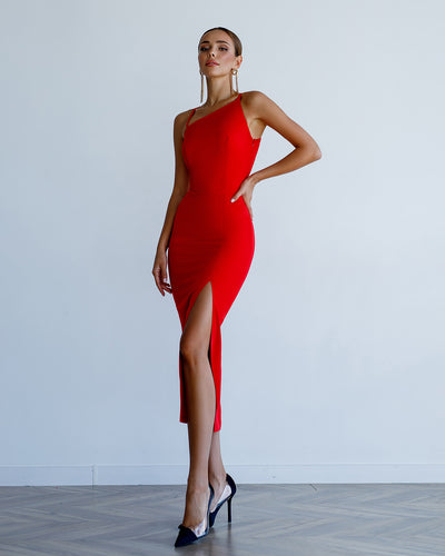 Red ASYMMETRIC STRAPPY MIDI DRESS (ARTICLE 376)