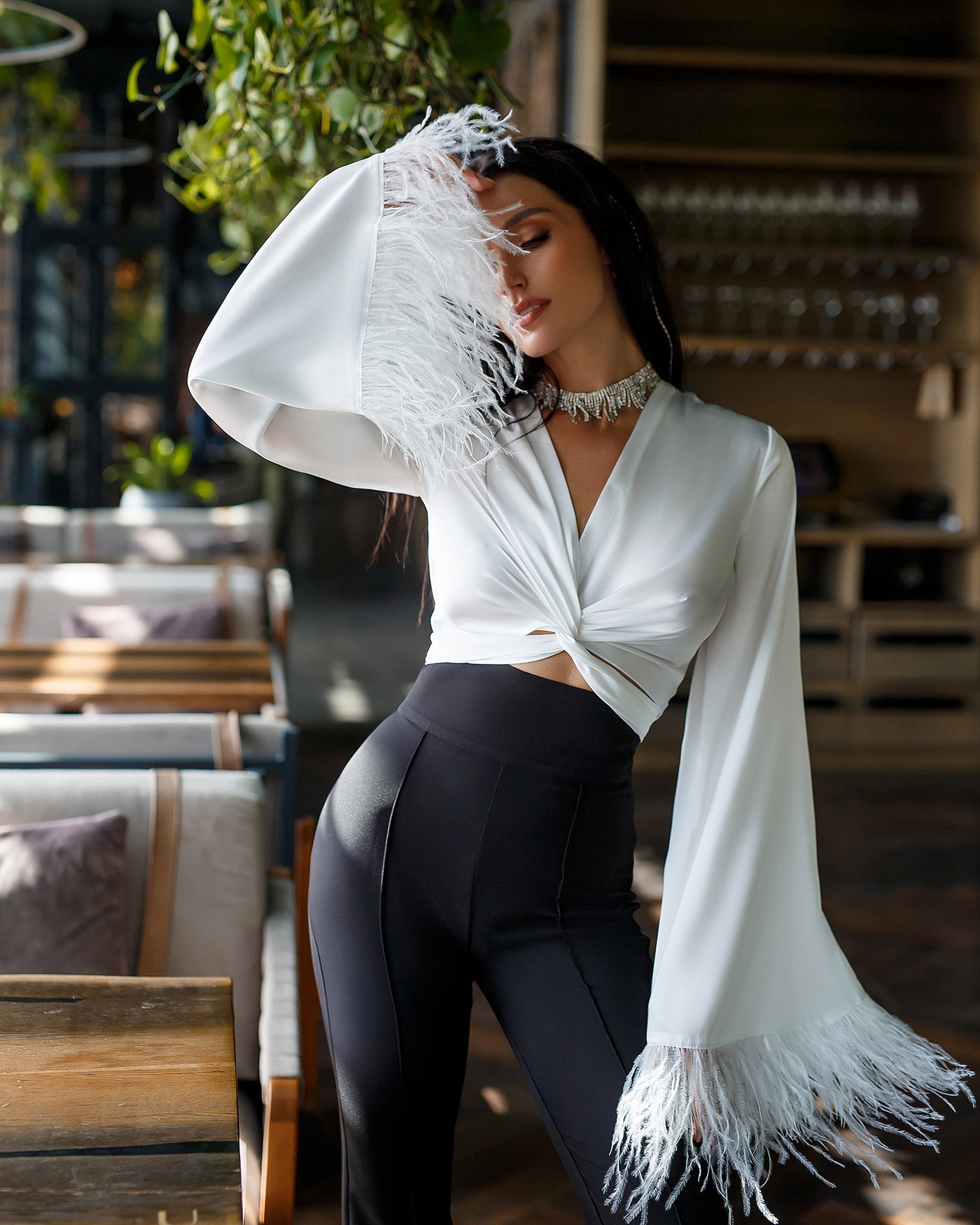 White SILK FEATHER SLEEVE BLOUSE (ARTICLE 345)