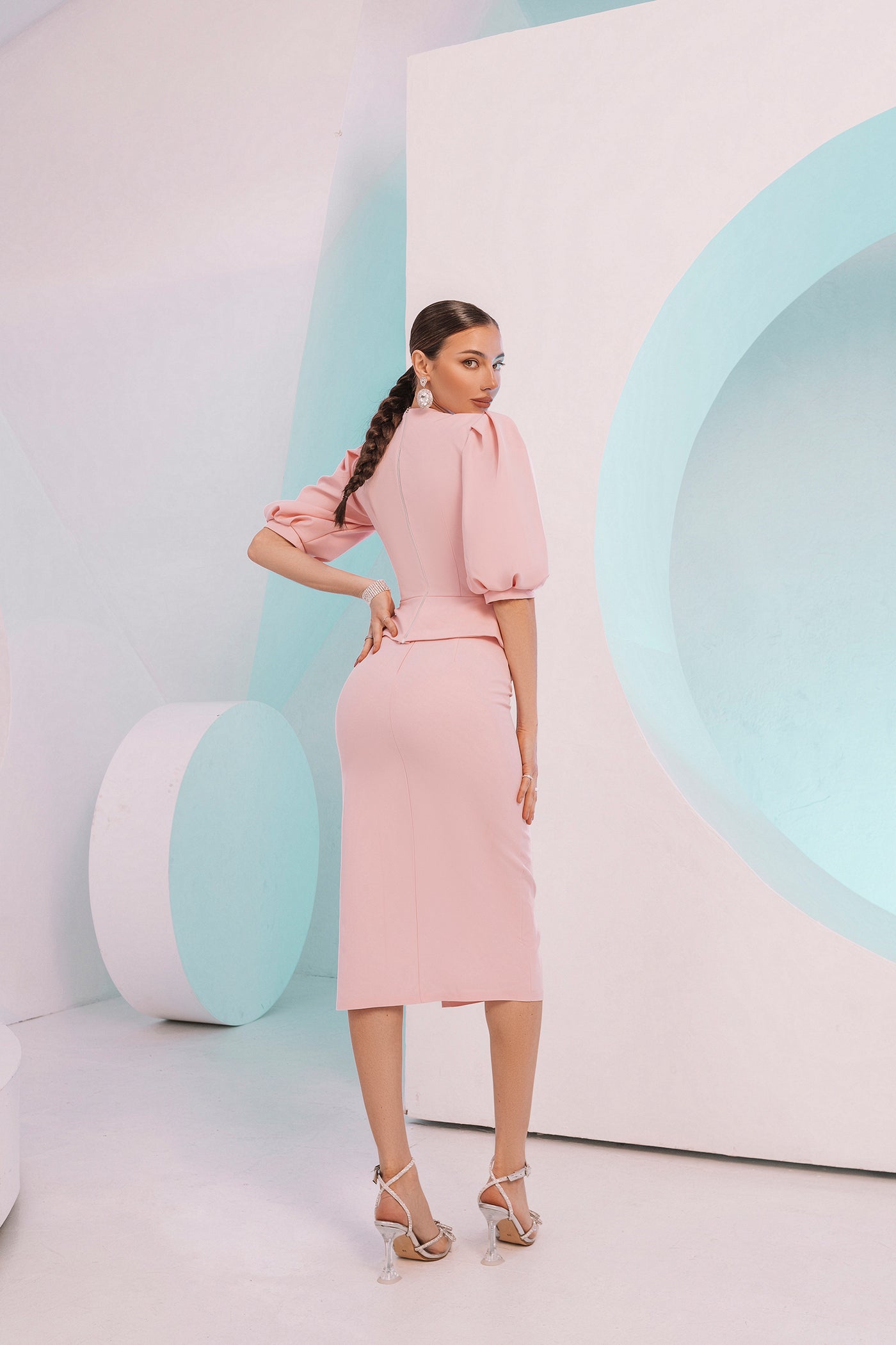 Light pink PUFF-SLEEVE TOP & MIDI SKIRT 2-PIECE SET (ARTICLE C413)