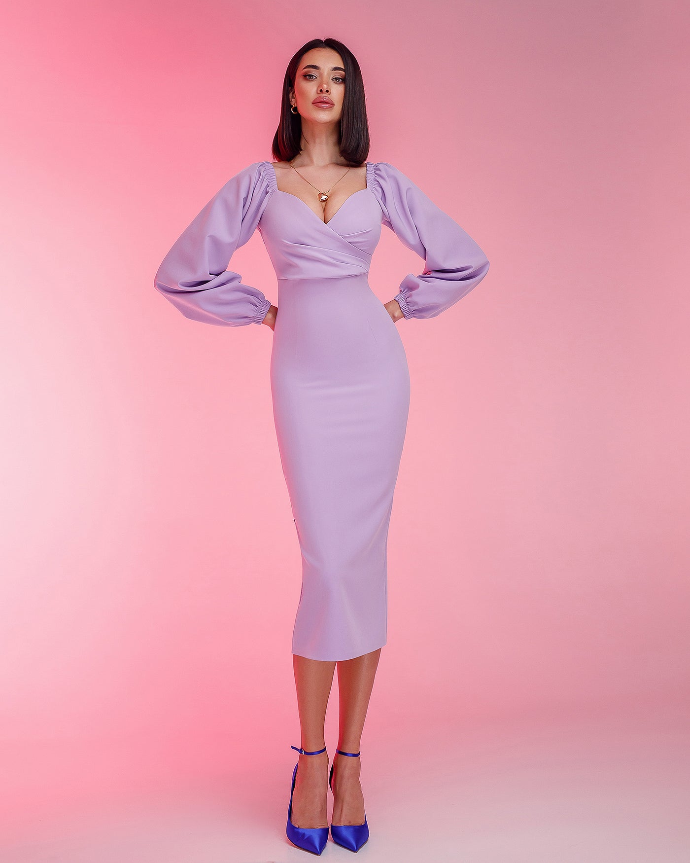 Lavender Puff-Sleeve Midi Dress (article 256)