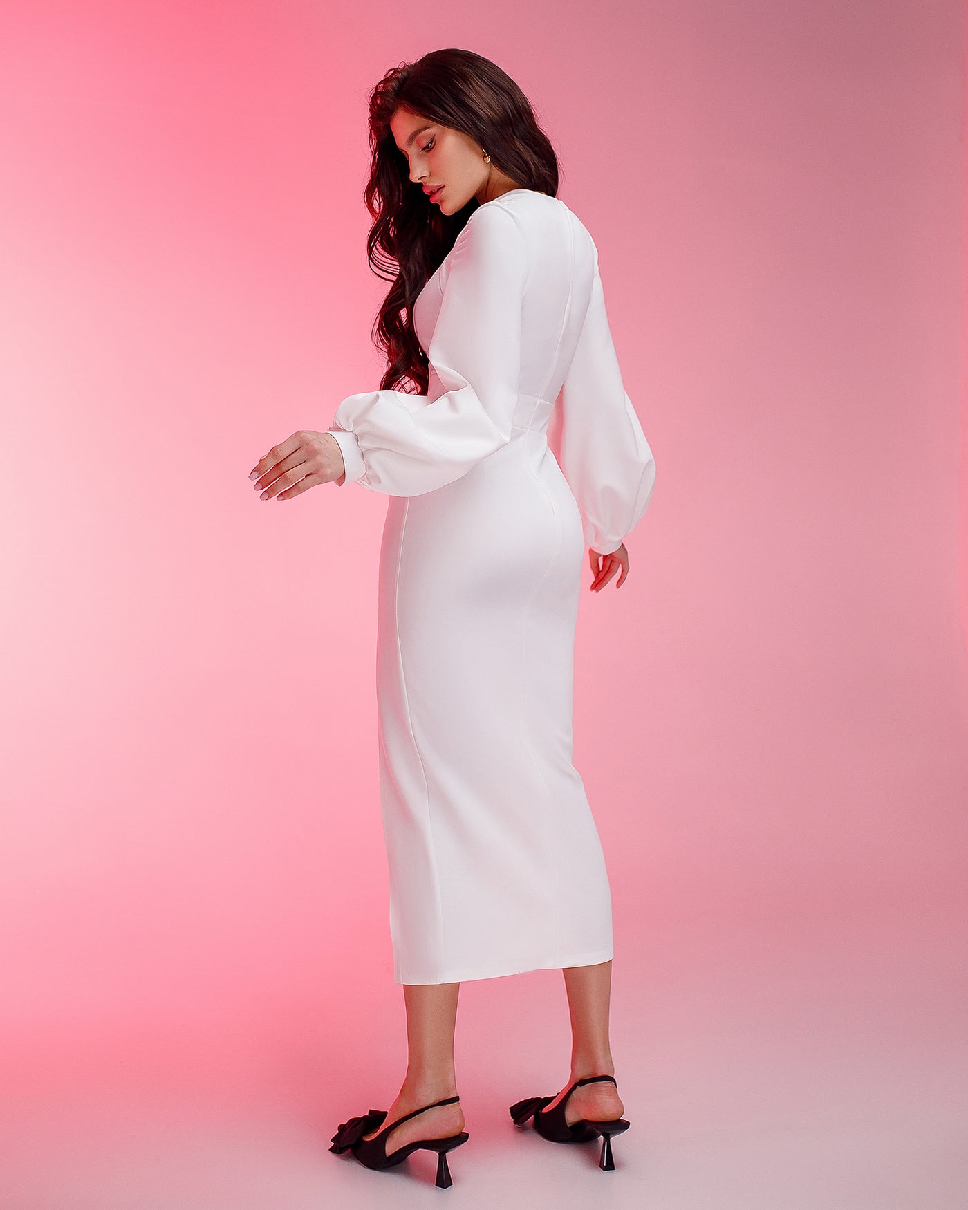 White SQUARE NECK PUFF-SLEEVE MIDI DRESS (ARTICLE 353)