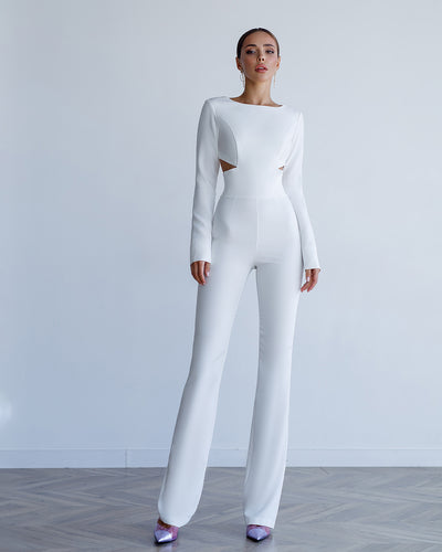 White BACKLESS CUT-OUT LONG-SLEEVE JUMPSUIT (ARTICLE 422)