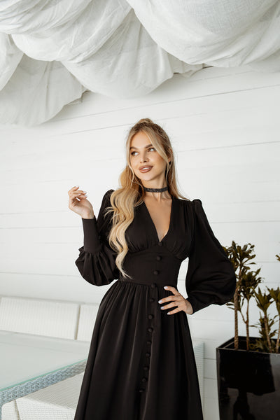 Black V-NECK BUTTONED PUFF-SLEEVE MIDI DRESS (ARTICLE C392)