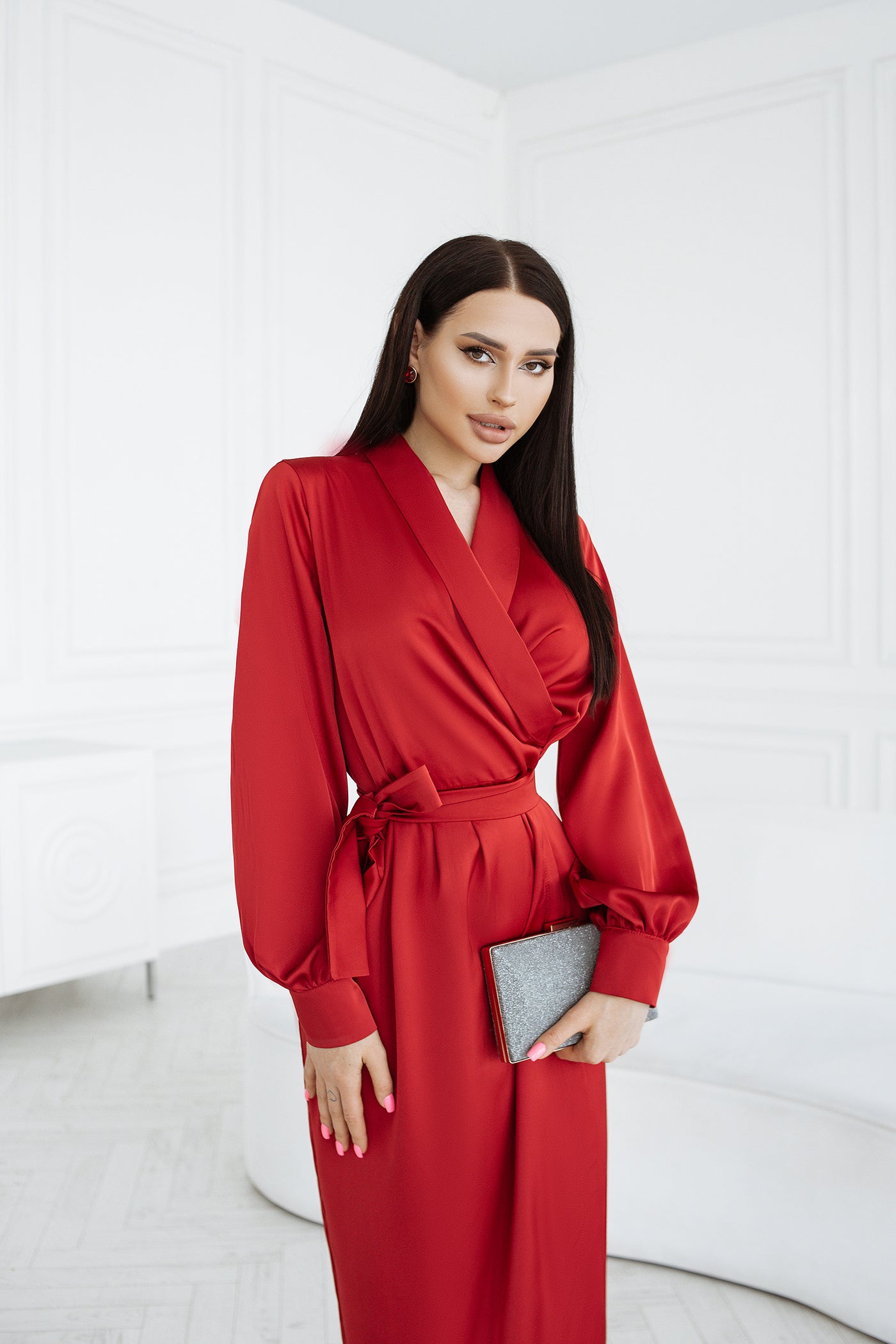 Red COLLARED WRAP MIDI DRESS (ARTICLE C405)