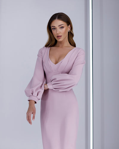 Dusty Pink V-NECK PUFF-SLEEVE MIDI DRESS (ARTICLE 377)