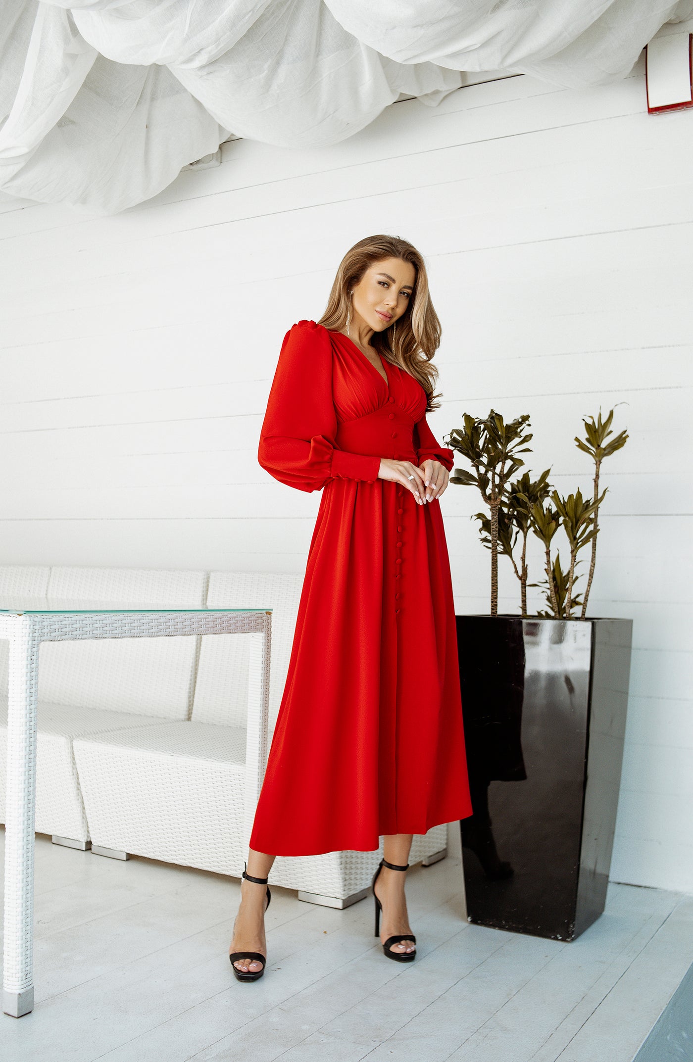 Red V-NECK BUTTONED PUFF-SLEEVE MIDI DRESS (ARTICLE C392)