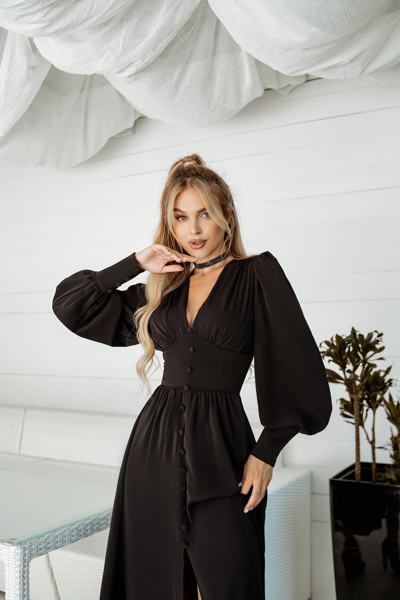 Black V-NECK BUTTONED PUFF-SLEEVE MIDI DRESS (ARTICLE C392)