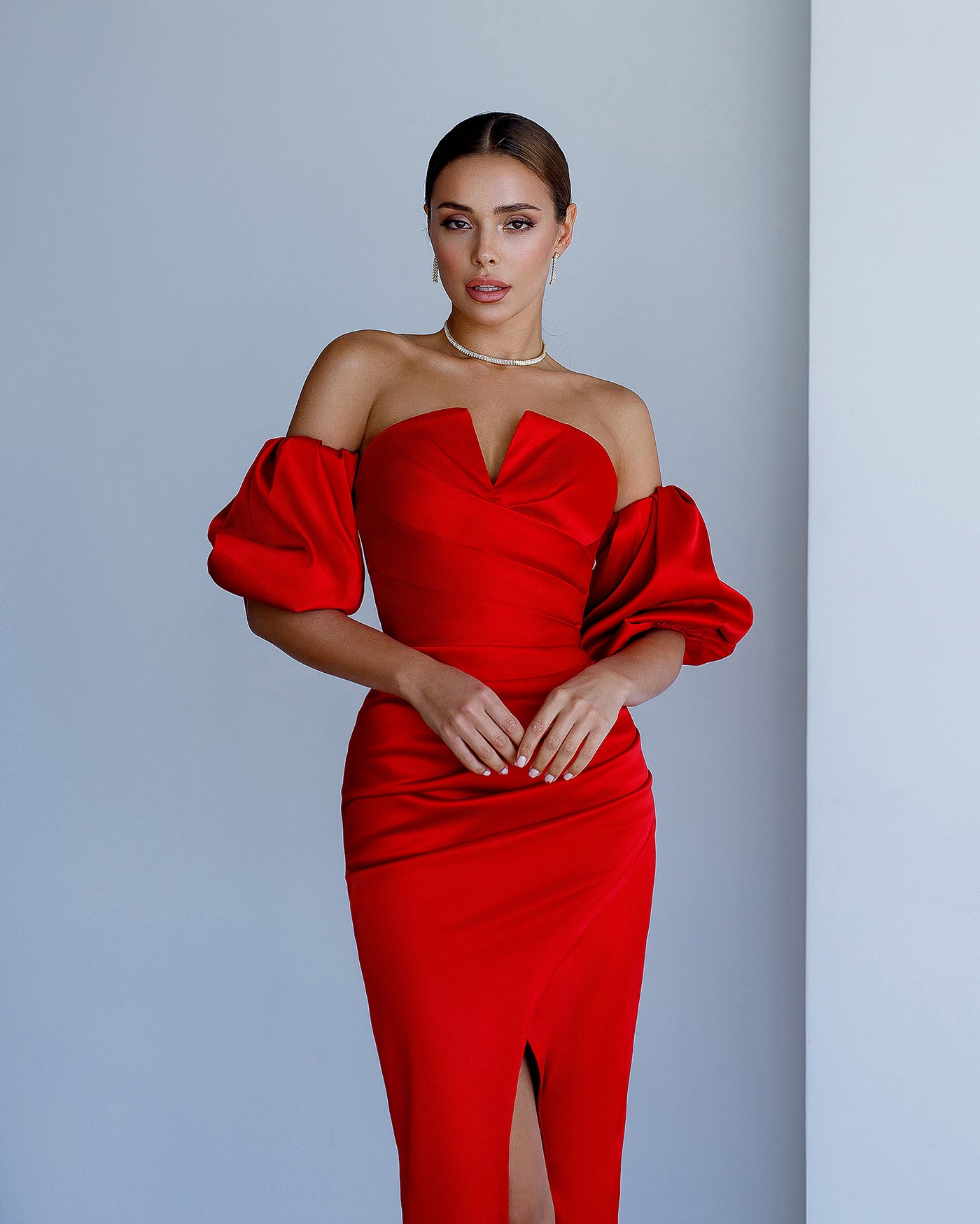 Red PUFF-SLEEVE MIDI DRESS (ARTICLE 289)