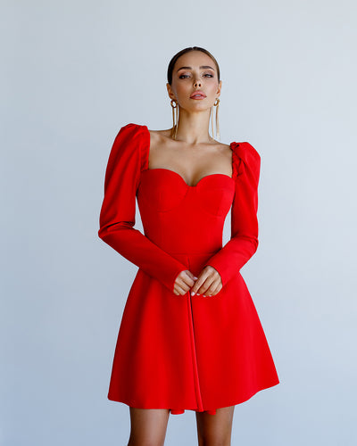 Red SWEETHEART PUFF SLEEVE MINI DRESS (ARTICLE 372)