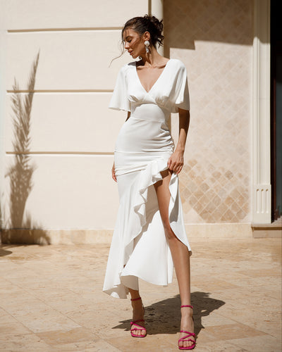 White V-NECK RUFFLED MAXI DRESS (ARTICLE 384)