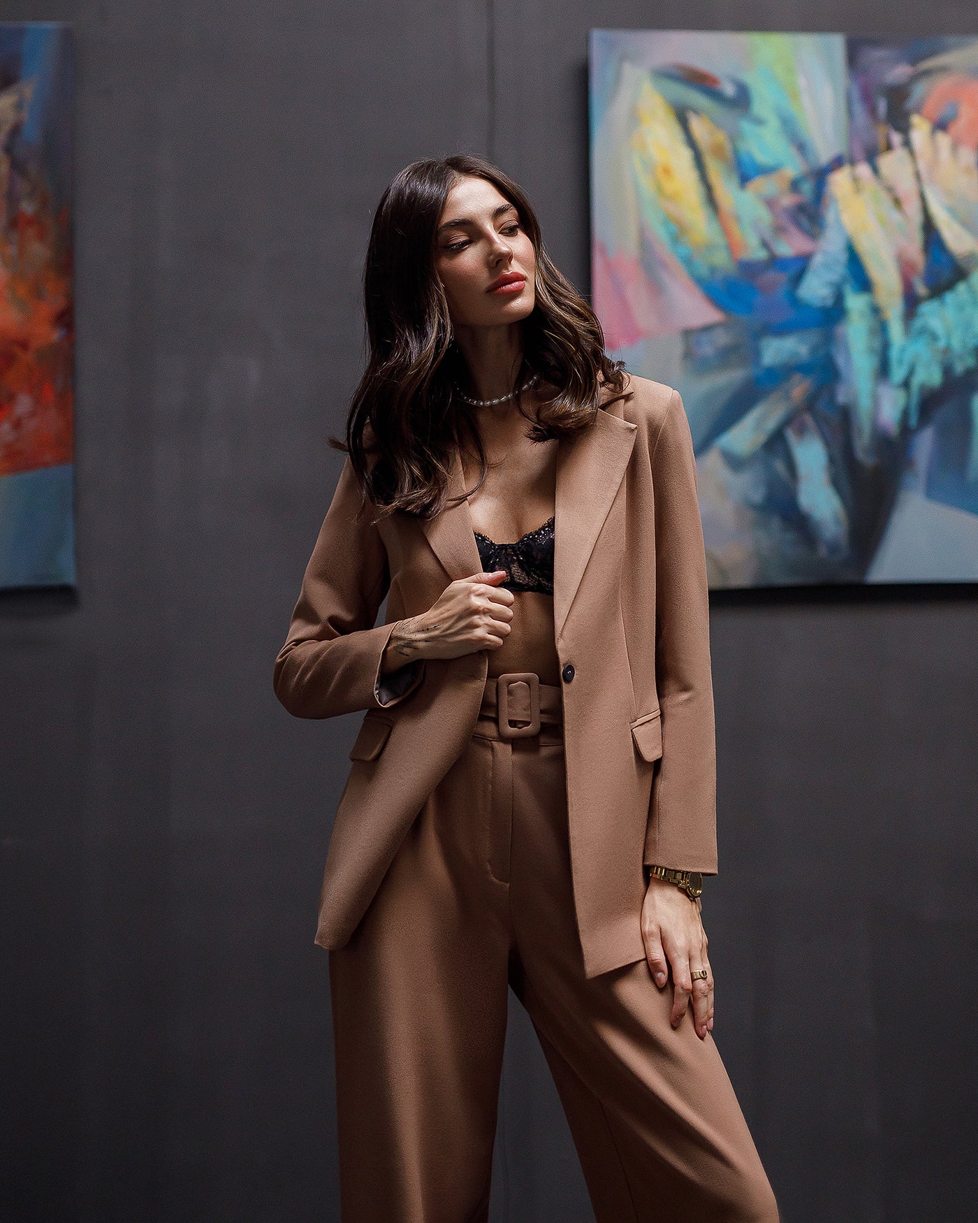 Camel Belted Wide-Leg Suit 2-Piece (article 030)