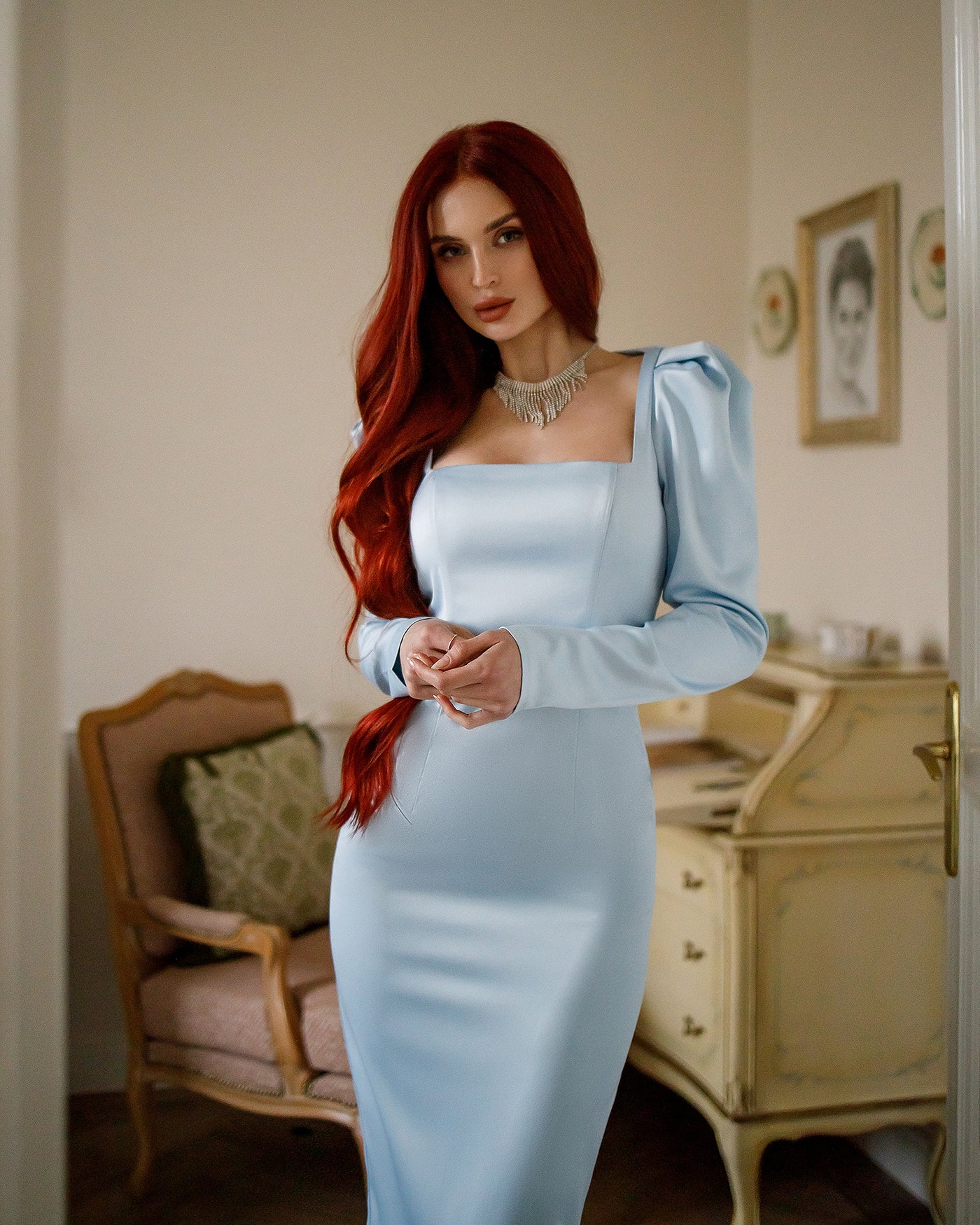 Sky-blue SQUARE NECK BACKLESS MIDI DRESS (ARTICLE 324)