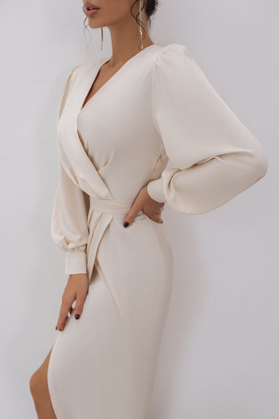 Creamy Beige Long Sleeve Midi Dress (article C293/1)