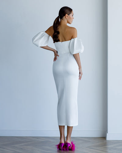 White Satin Puff-Sleeve Midi Dress (article 289)