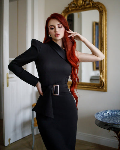 Black ONE-SHOULDER BELTED MIDI DRESS (ARTICLE 343)