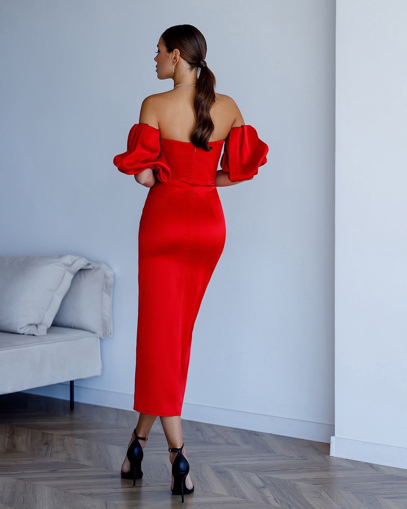 Red PUFF-SLEEVE MIDI DRESS (ARTICLE 289)