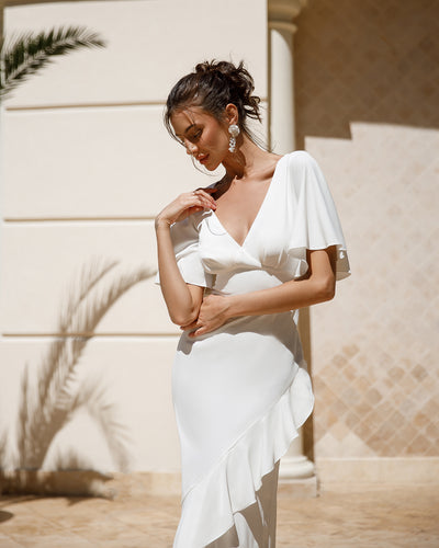 White V-NECK RUFFLED MAXI DRESS (ARTICLE 384)