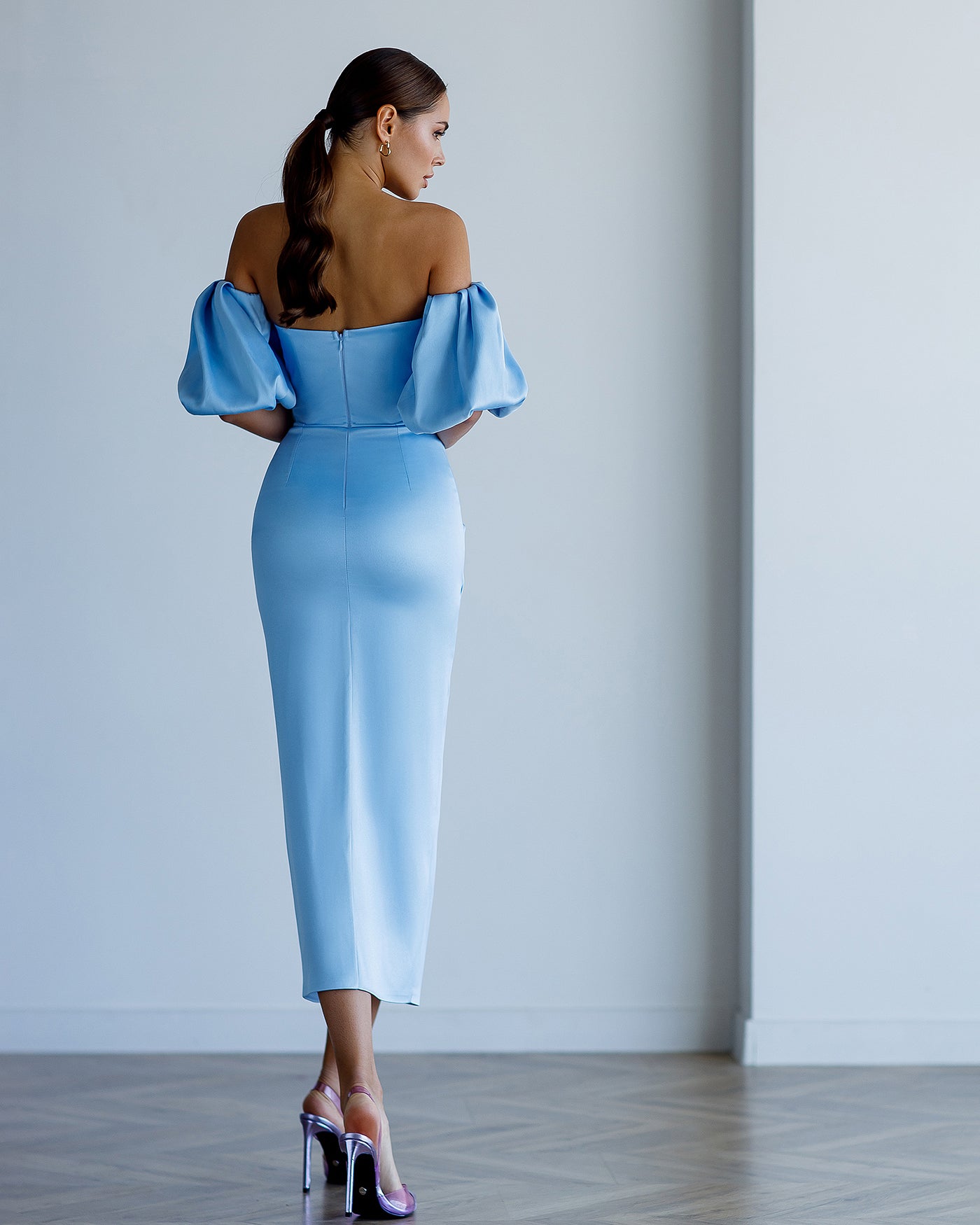 Sky blue PUFF-SLEEVE MIDI DRESS (ARTICLE 289)