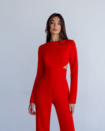 Red BACKLESS CUT-OUT LONG-SLEEVE JUMPSUIT (ARTICLE 422)