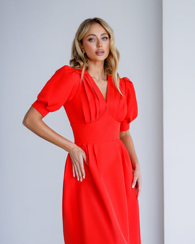 Coral V-NECK PUFF-SLEEVE MIDI DRESS (ARTICLE 352/1)