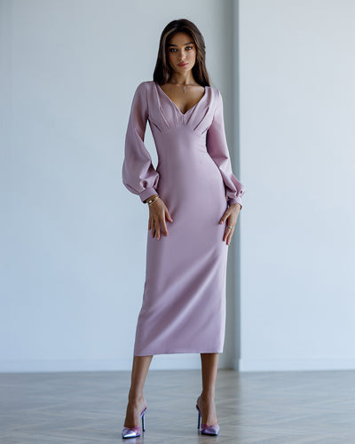 Dusty Pink V-NECK PUFF-SLEEVE MIDI DRESS (ARTICLE 377)