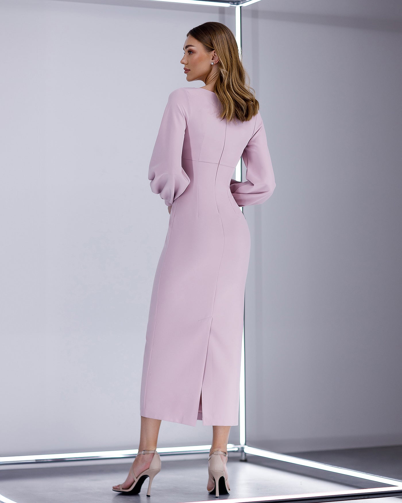 Dusty Pink V-NECK PUFF-SLEEVE MIDI DRESS (ARTICLE 377)