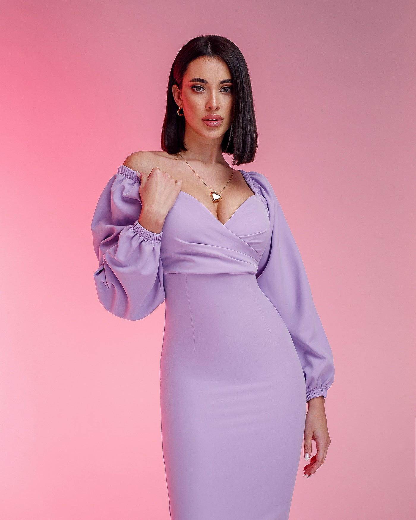 Lavender Puff-Sleeve Midi Dress (article 256)