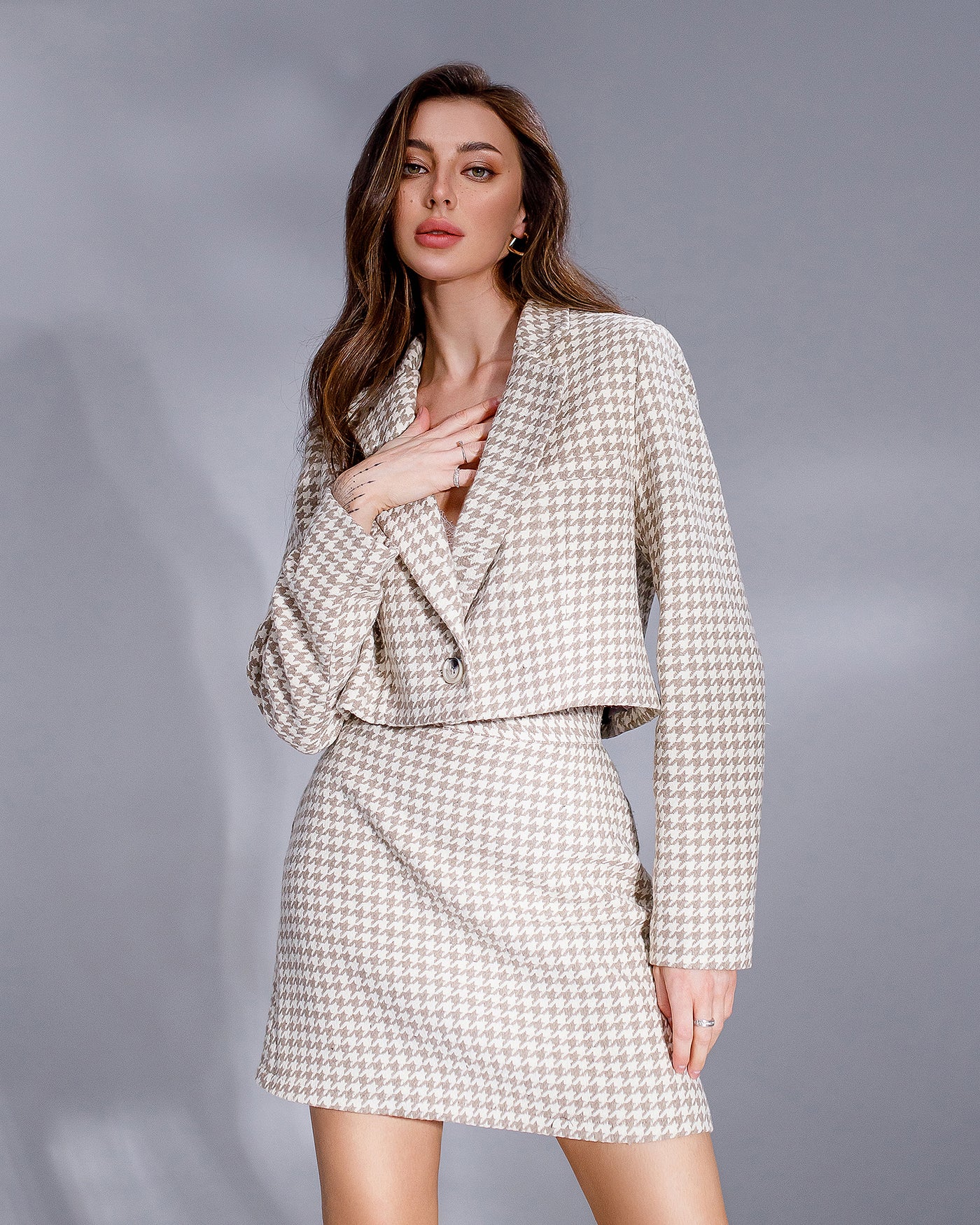 Beige HOUNDSTOOTH CROP JACKET SKIRT SUIT 2-PIECE (ARTICLE 417)