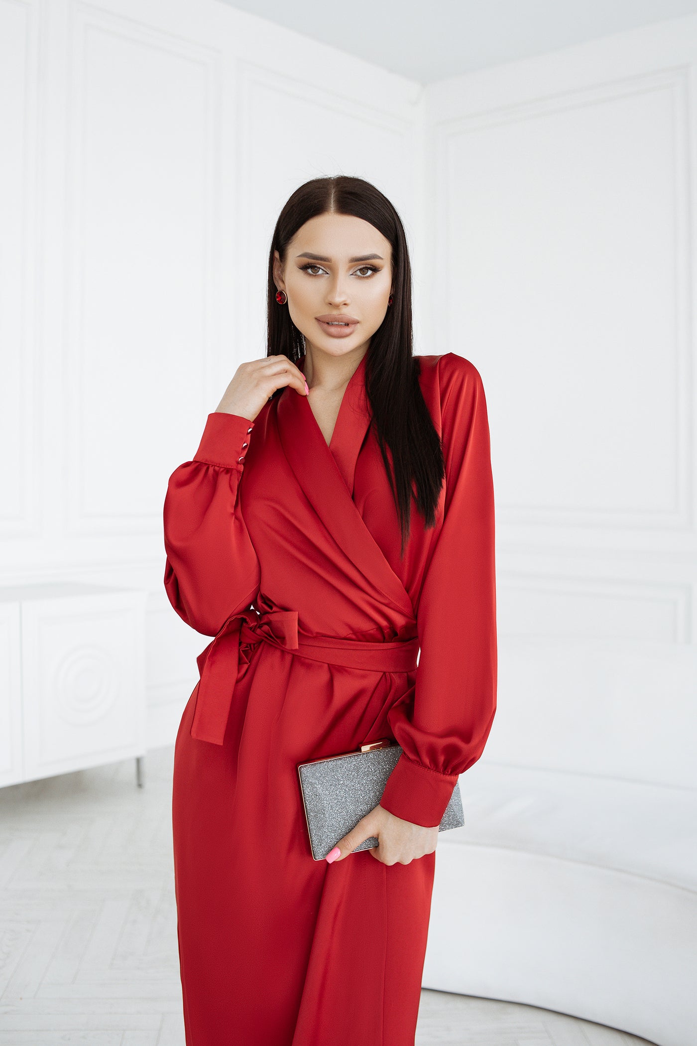 Red COLLARED WRAP MIDI DRESS (ARTICLE C405)