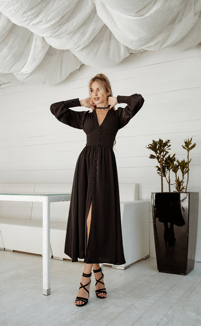 Black V-NECK BUTTONED PUFF-SLEEVE MIDI DRESS (ARTICLE C392)