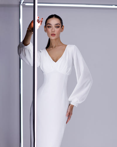 White V-NECK PUFF-SLEEVE MIDI DRESS (ARTICLE 377)