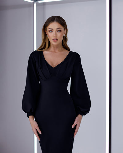 Black V-NECK PUFF-SLEEVE MIDI DRESS (ARTICLE 377)