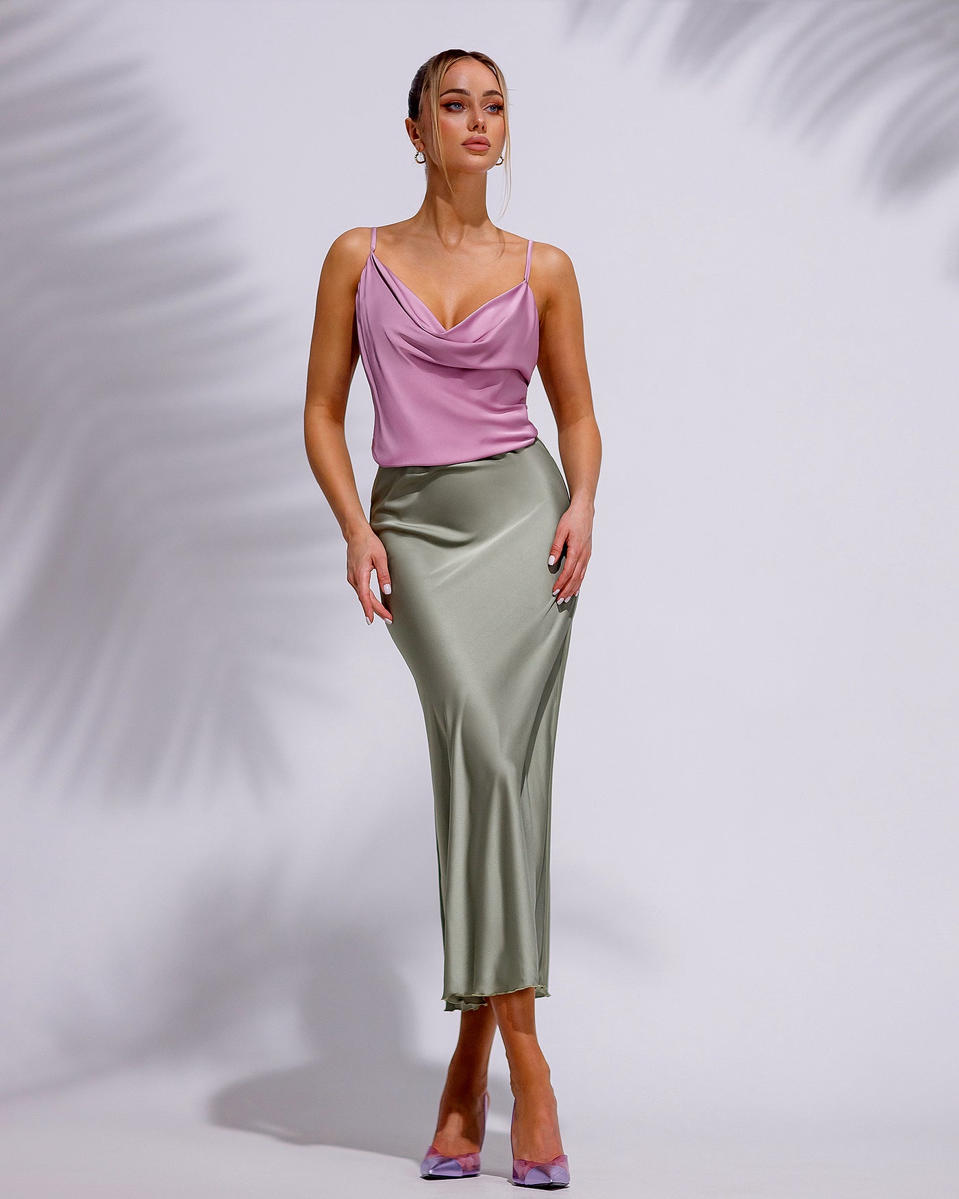 Olive Silk High Waist Maxi Skirt