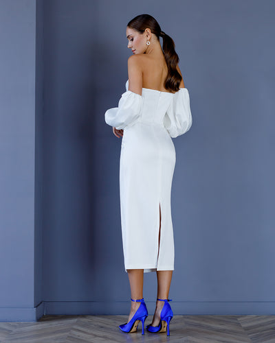 White SATIN SWEETHEART PUFF-SLEEVE MIDI DRESS (ARTICLE 330)