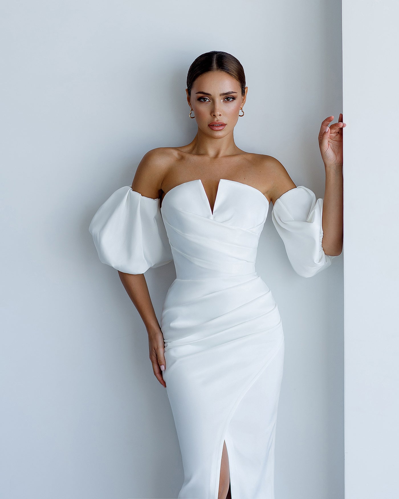 White Satin Puff-Sleeve Midi Dress (article 289)