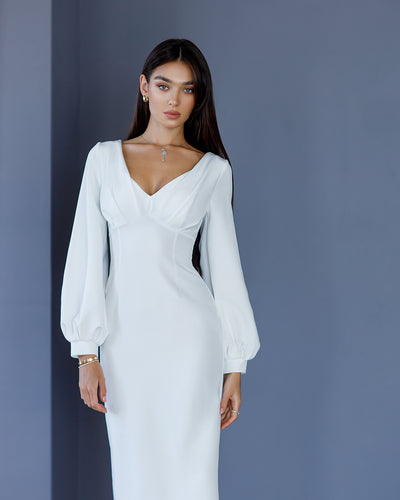 White V-NECK PUFF-SLEEVE MIDI DRESS (ARTICLE 377)