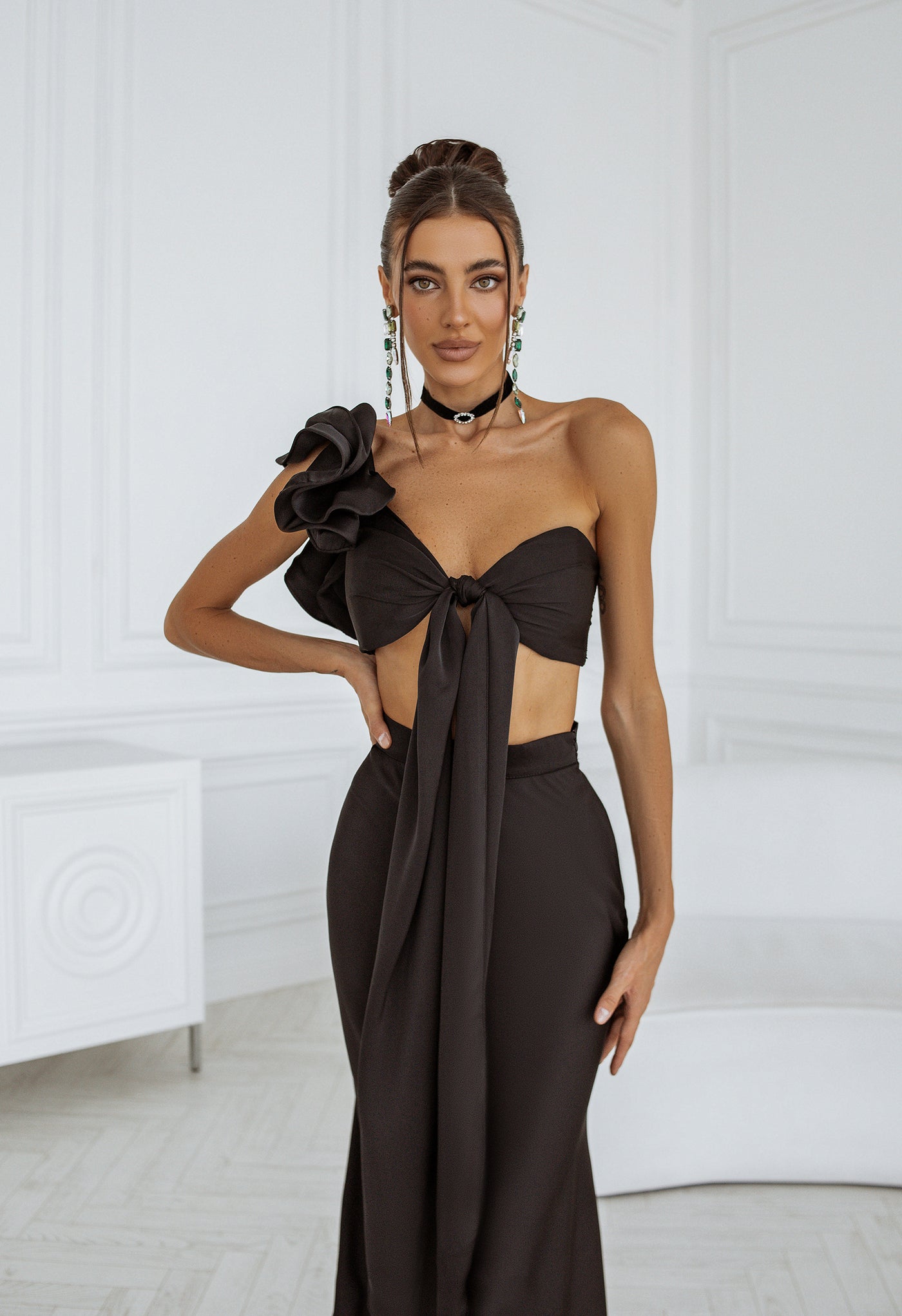 Black SATIN BOW TOP & MIDI SKIRT 2-PIECE SET (ARTICLE C381/1)