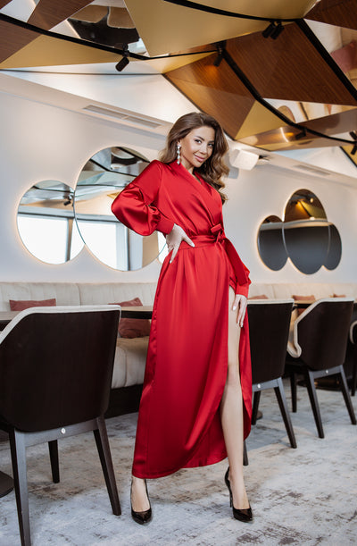 Red COLLARED WRAP MIDI DRESS (ARTICLE C405)