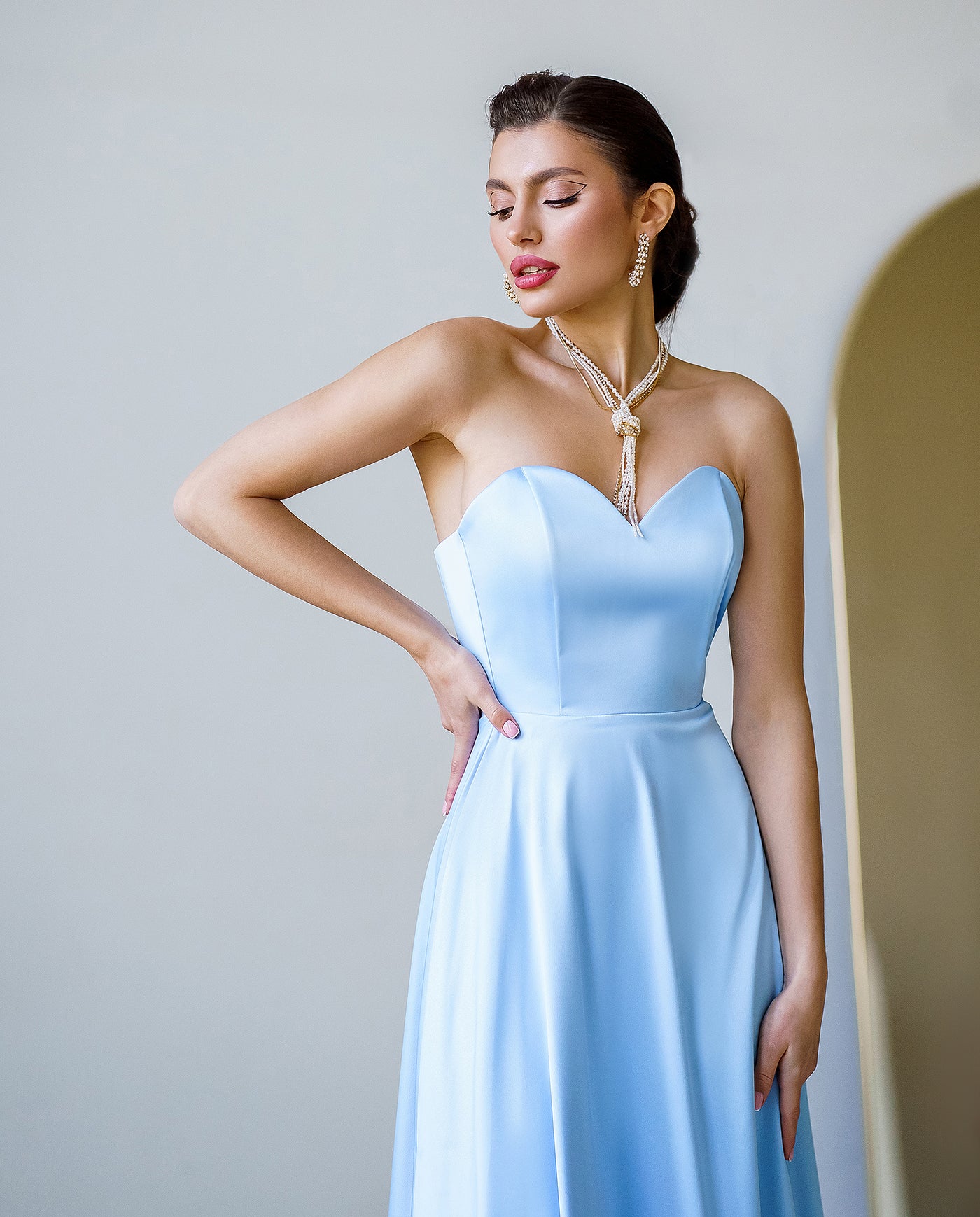 Sky-Blue Satin Corseted Strapless Dress (article 047)