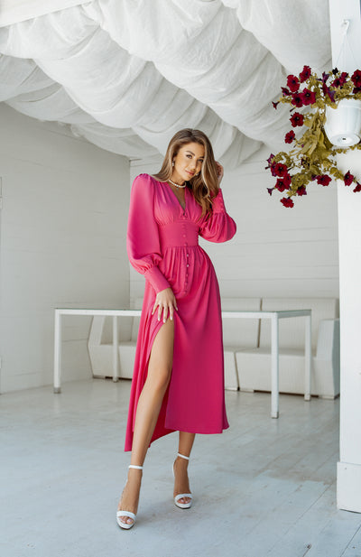 Crimson V-NECK BUTTONED PUFF-SLEEVE MIDI DRESS (ARTICLE C392)