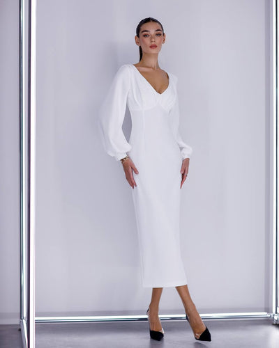 White V-NECK PUFF-SLEEVE MIDI DRESS (ARTICLE 377)